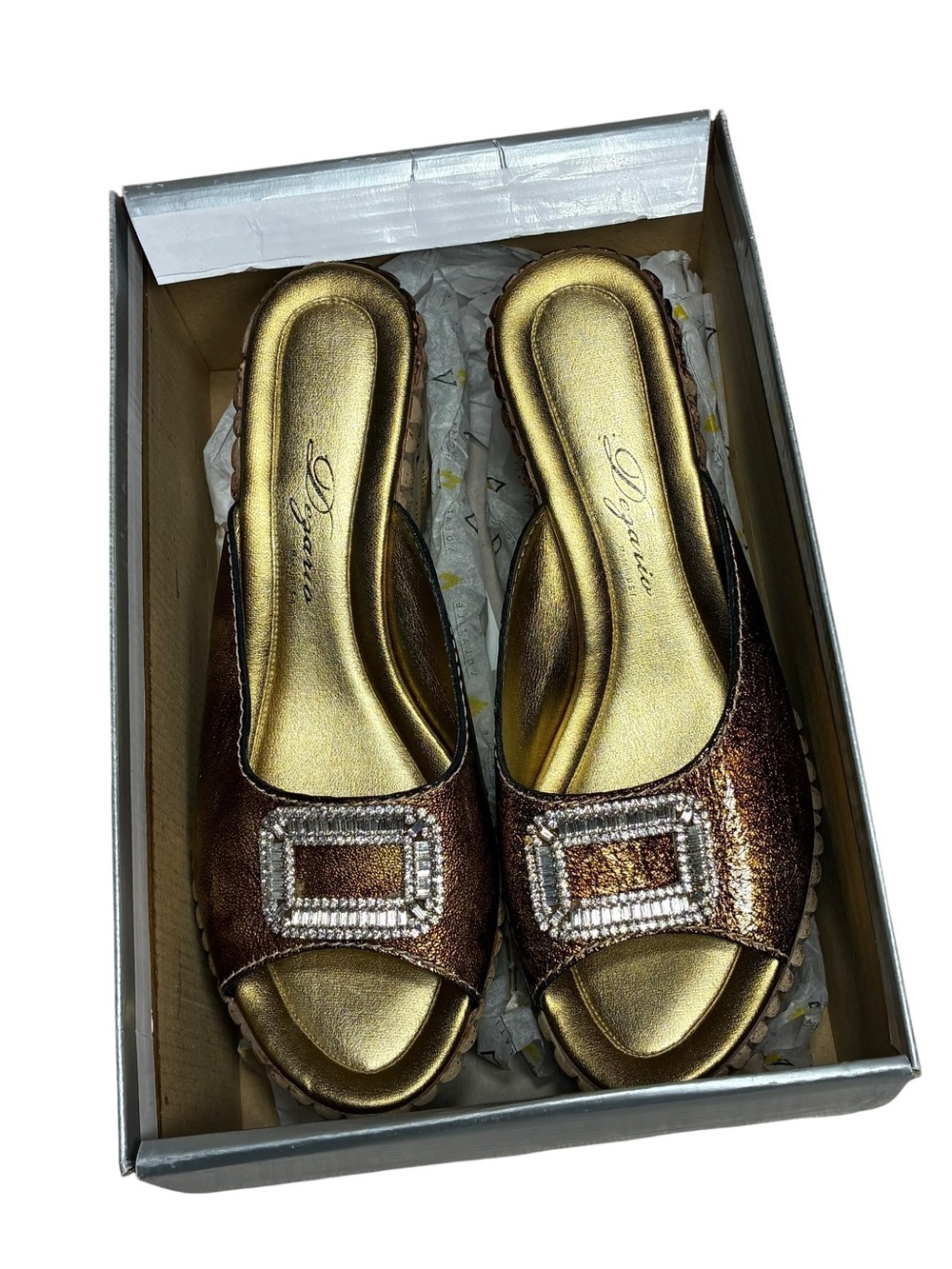 Volatile Bronze Metallic Open-Toe Mules with Crystal Square Accent
